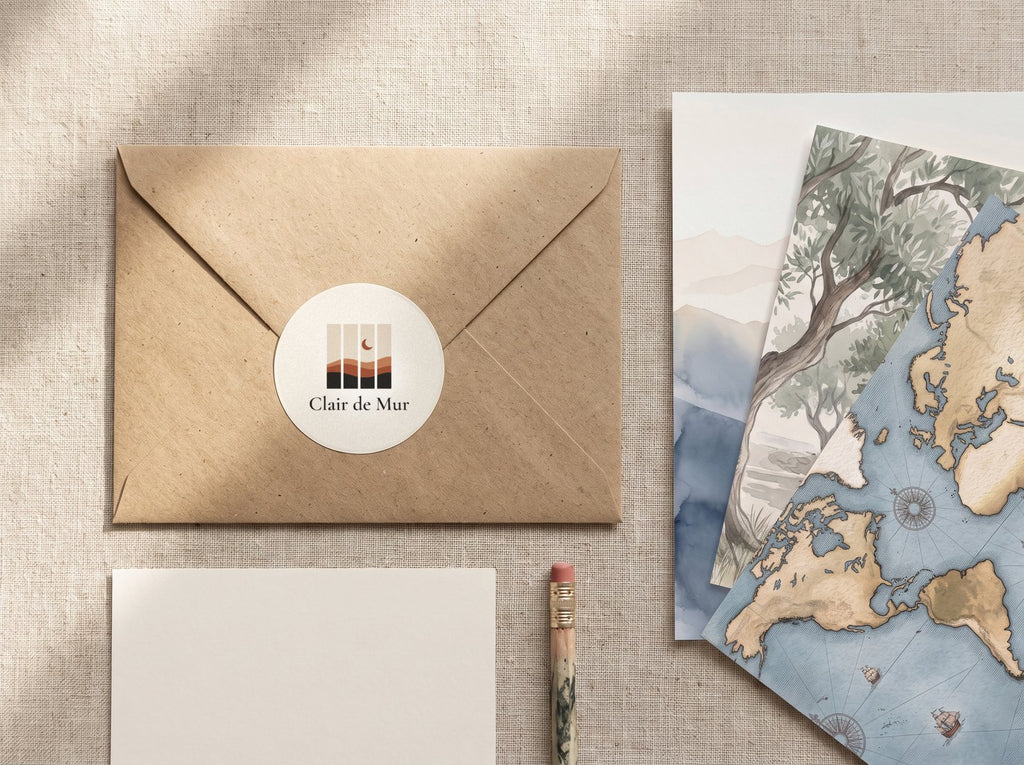 Kit d'échantillons : enveloppe kraft au logo Clair de Mur et trois morceaux de papier