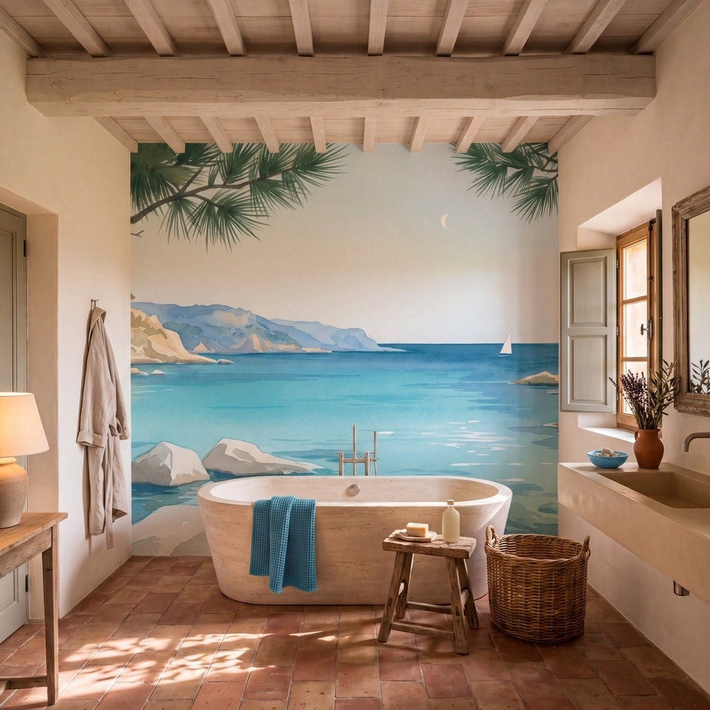 Papier peint panoramique Crique d'azur dans une salle de bain