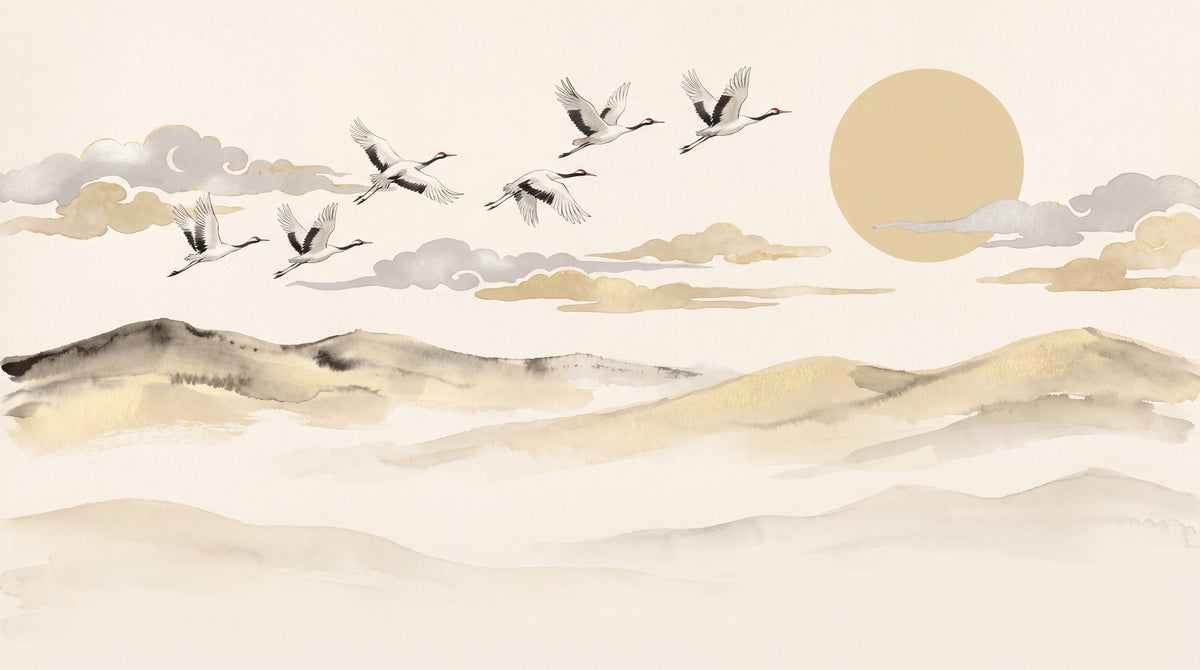 Motif à plat : Envol de grues