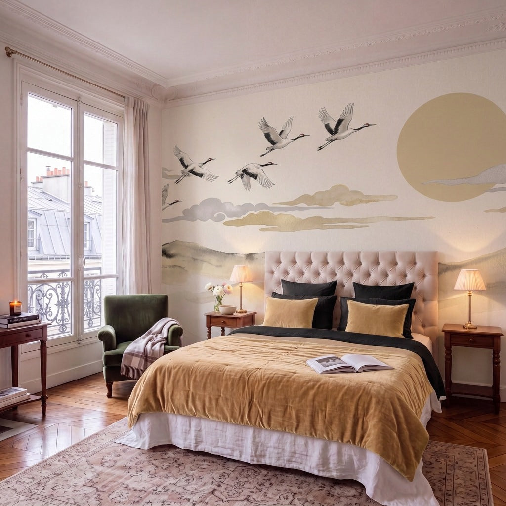 Papier peint panoramique Envol de grues dans une chambre