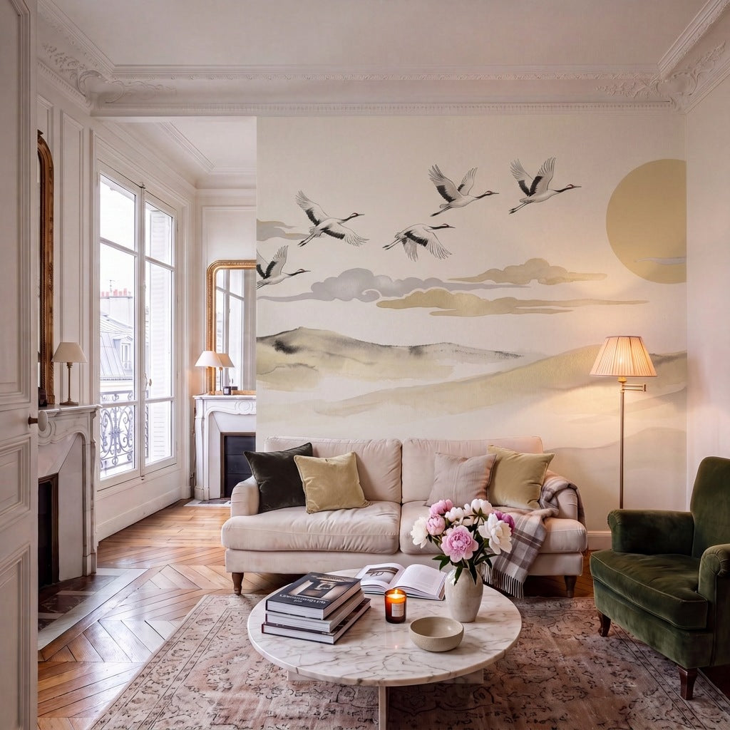 Papier peint panoramique Envol de grues dans un salon