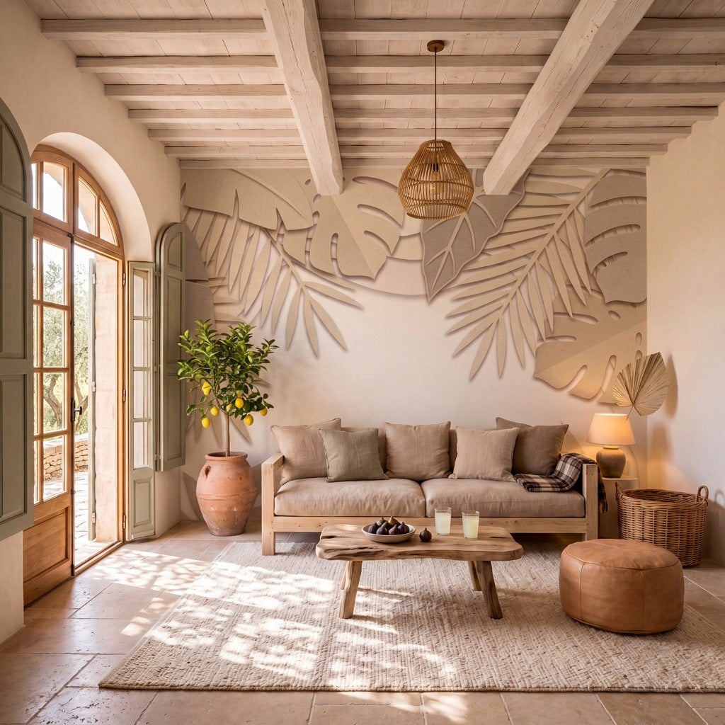 Papier peint panoramique Feuilles de sable dans un salon