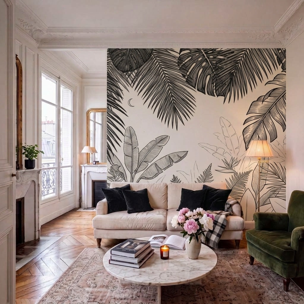 Papier peint panoramique Jungle d'encre dans un salon