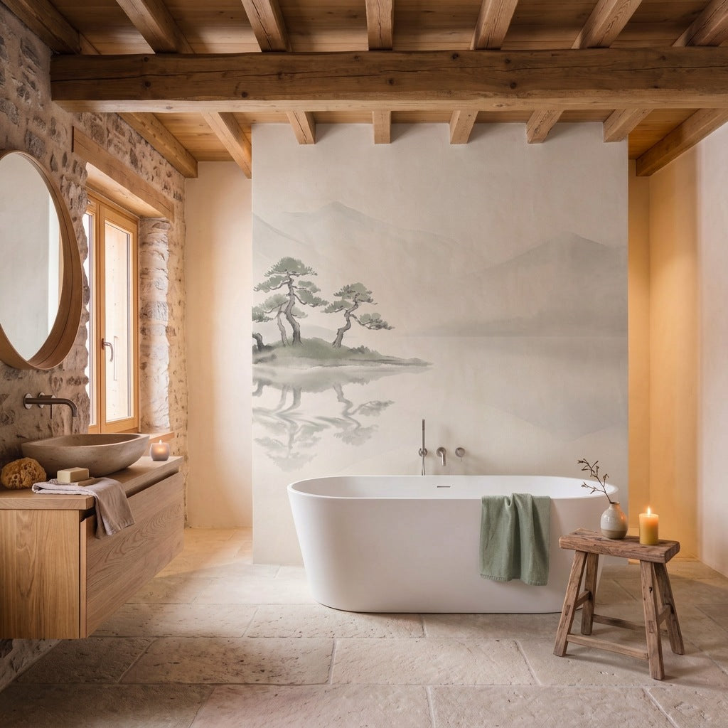 Papier peint panoramique Lac de brume dans une salle de bain