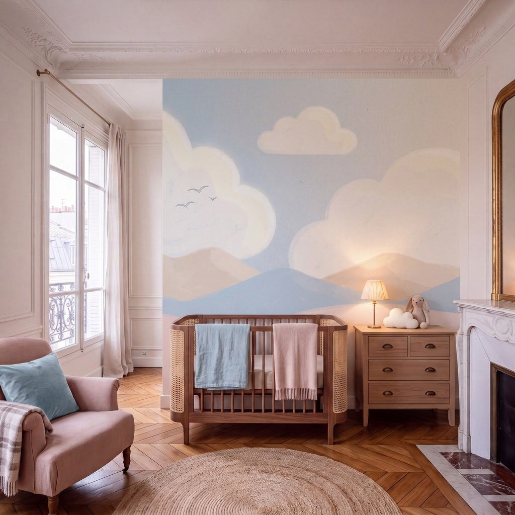 Papier peint panoramique Nuages de coton dans une chambre d'enfant