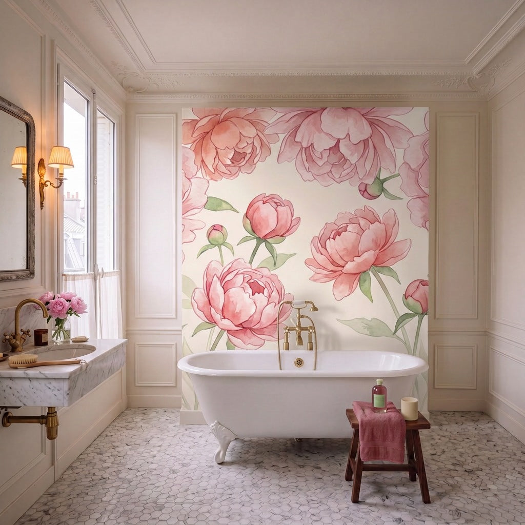 Papier peint panoramique Pivoines poudrées dans une salle de bain