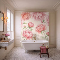 Papier peint panoramique Pivoines poudrées dans une salle de bain