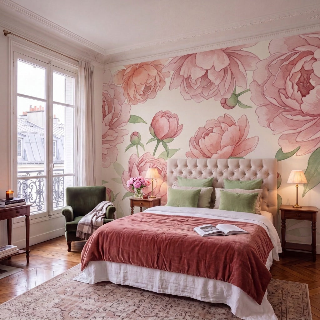 Papier peint panoramique Pivoines poudrées dans une chambre