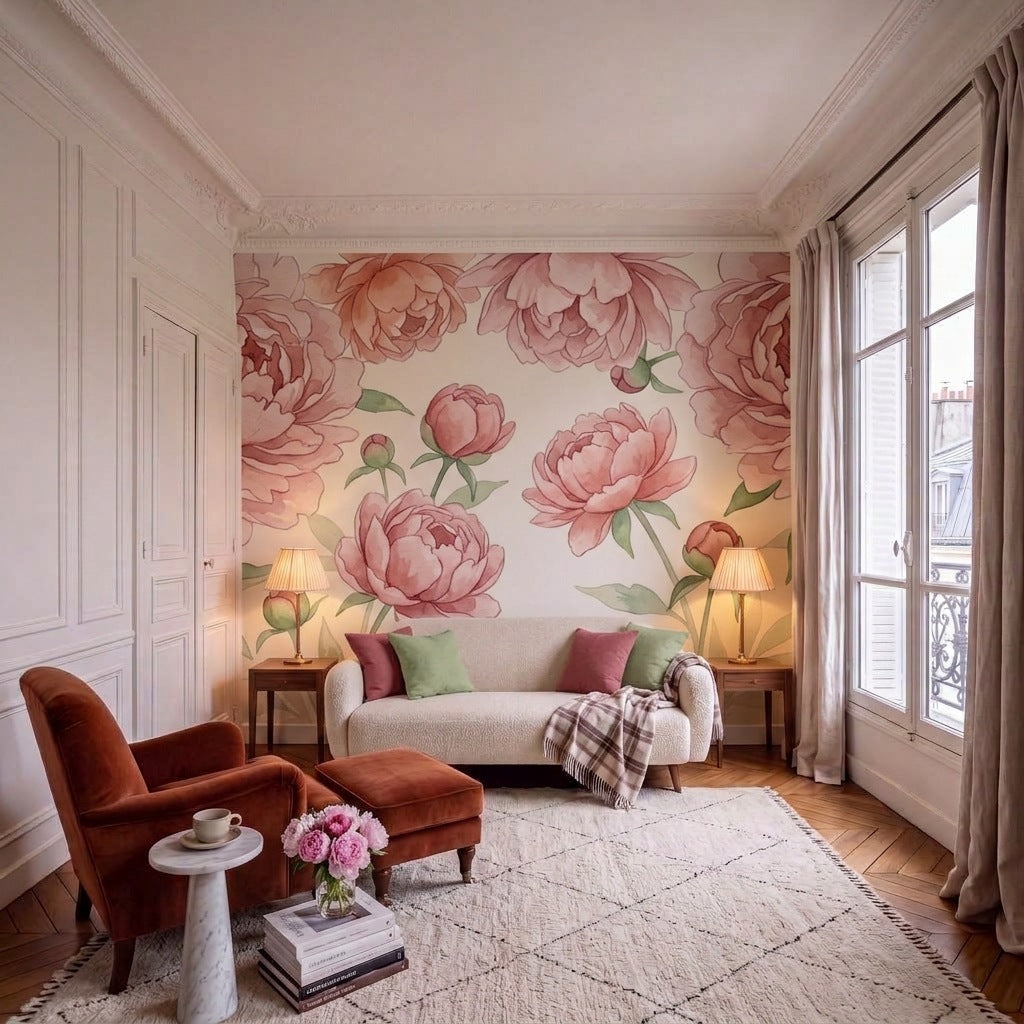 Papier peint panoramique Pivoines poudrées dans un salon