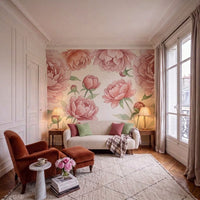Papier peint panoramique Pivoines poudrées dans un salon