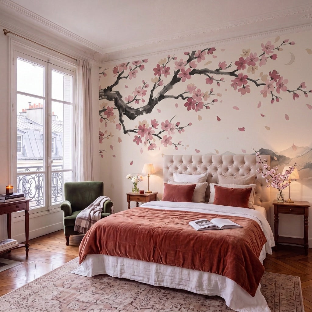 Papier peint panoramique Pluie de pétales dans une chambre