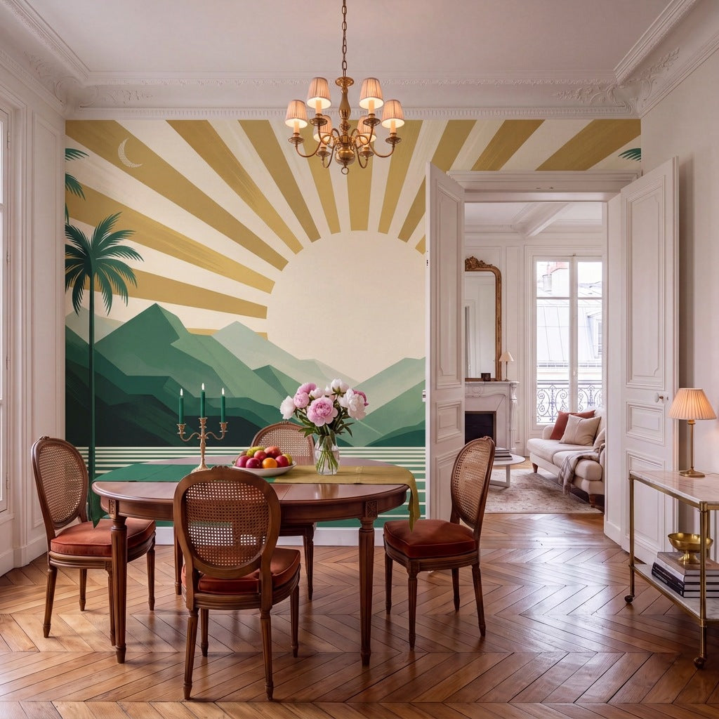 Papier peint panoramique Soleil d'or dans une salle à manger