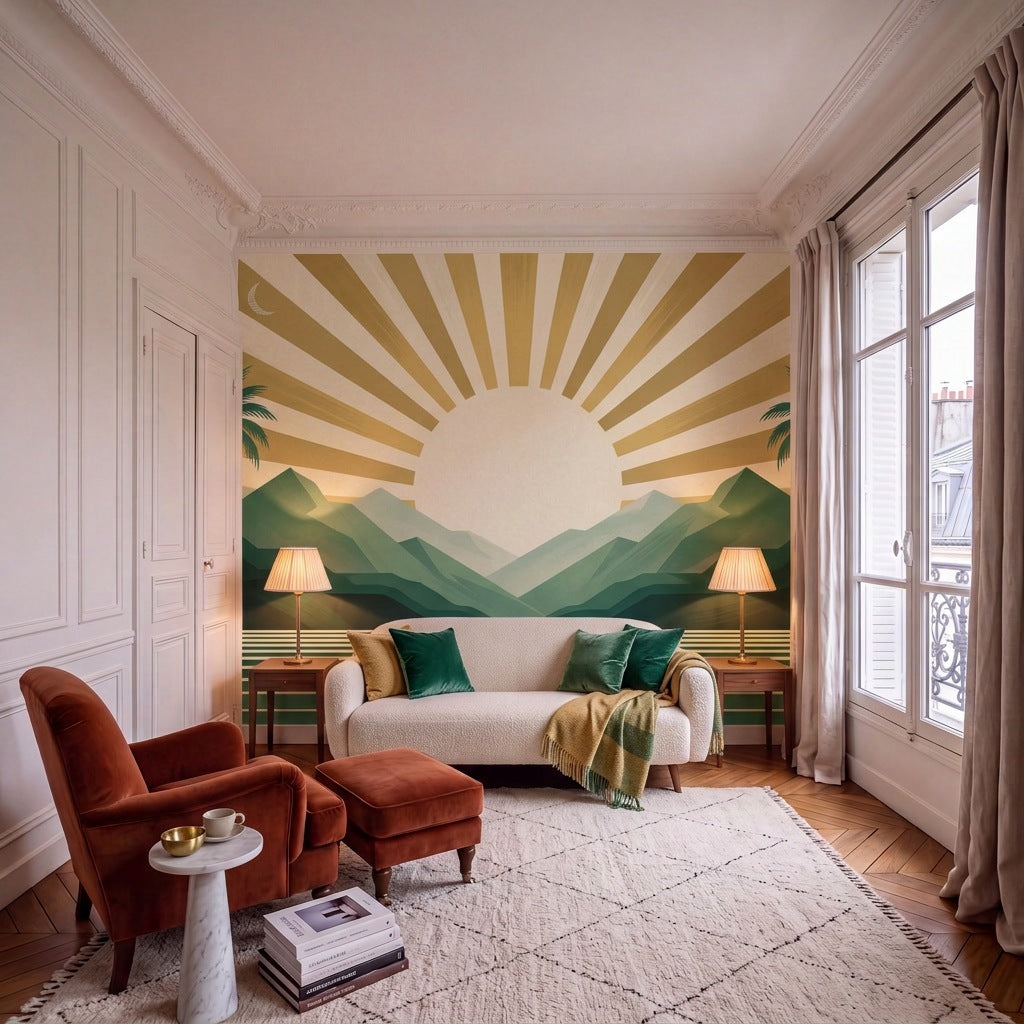 Papier peint panoramique Soleil d'or dans un salon