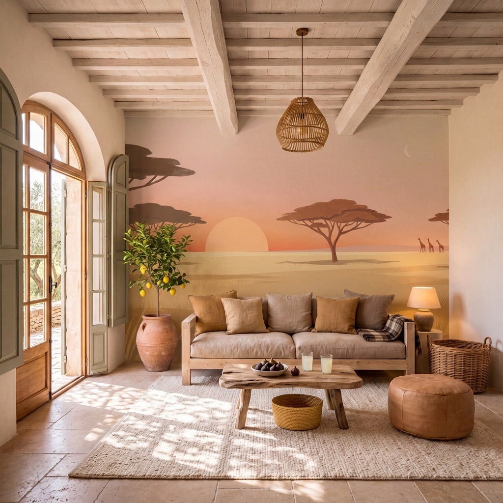 Papier peint panoramique Terre de savane dans un salon